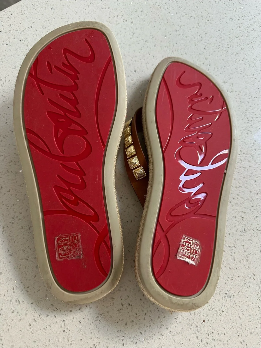 Christian Louboutin Brown Leather Sandal Thong with Gold Studs
